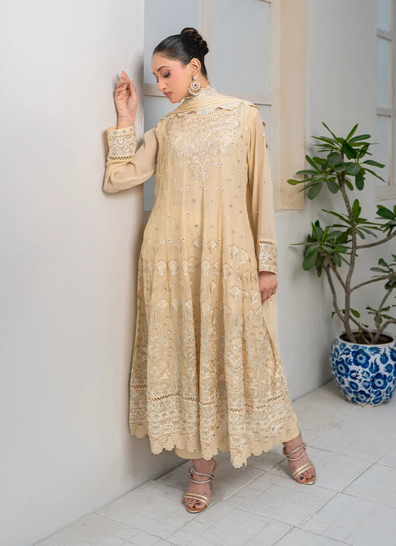 Women wearing beige color dress pakistani, chiffon dupatta draped over the shoulder, Buraqstore