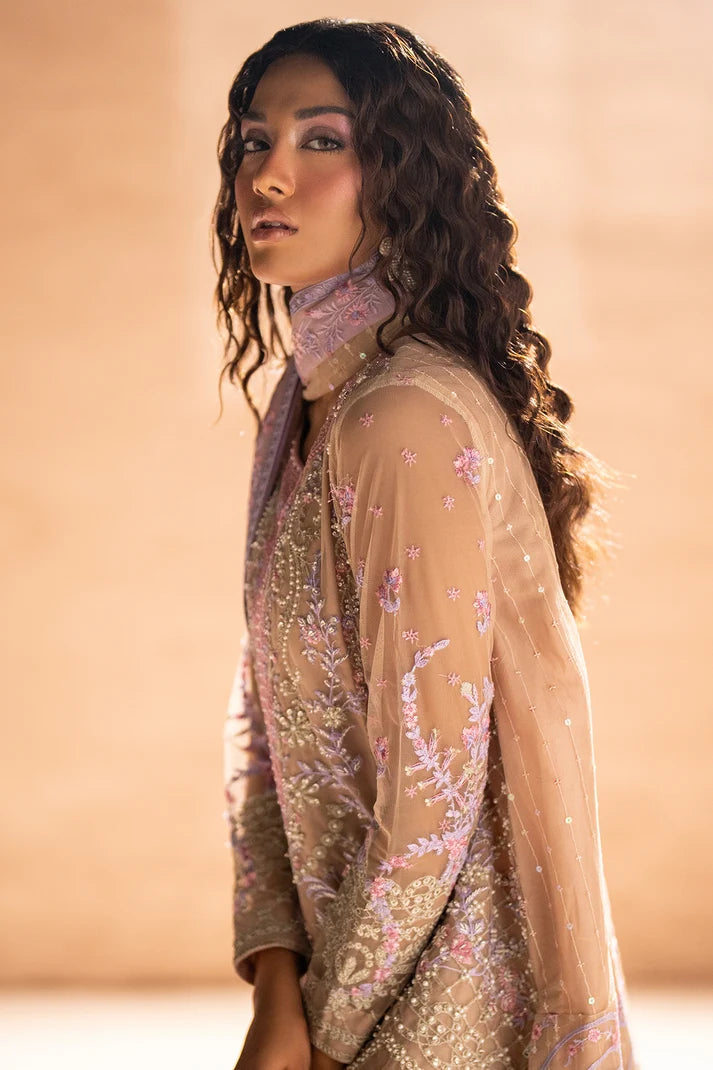 Model wearing beige net suit as a wedding guest outfit, shop handcrafted 3PC net set online at Buraqstore