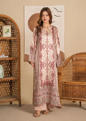 Model wearing beige silk dress pakistani, printed silk 1PC, front view from Buraqstore