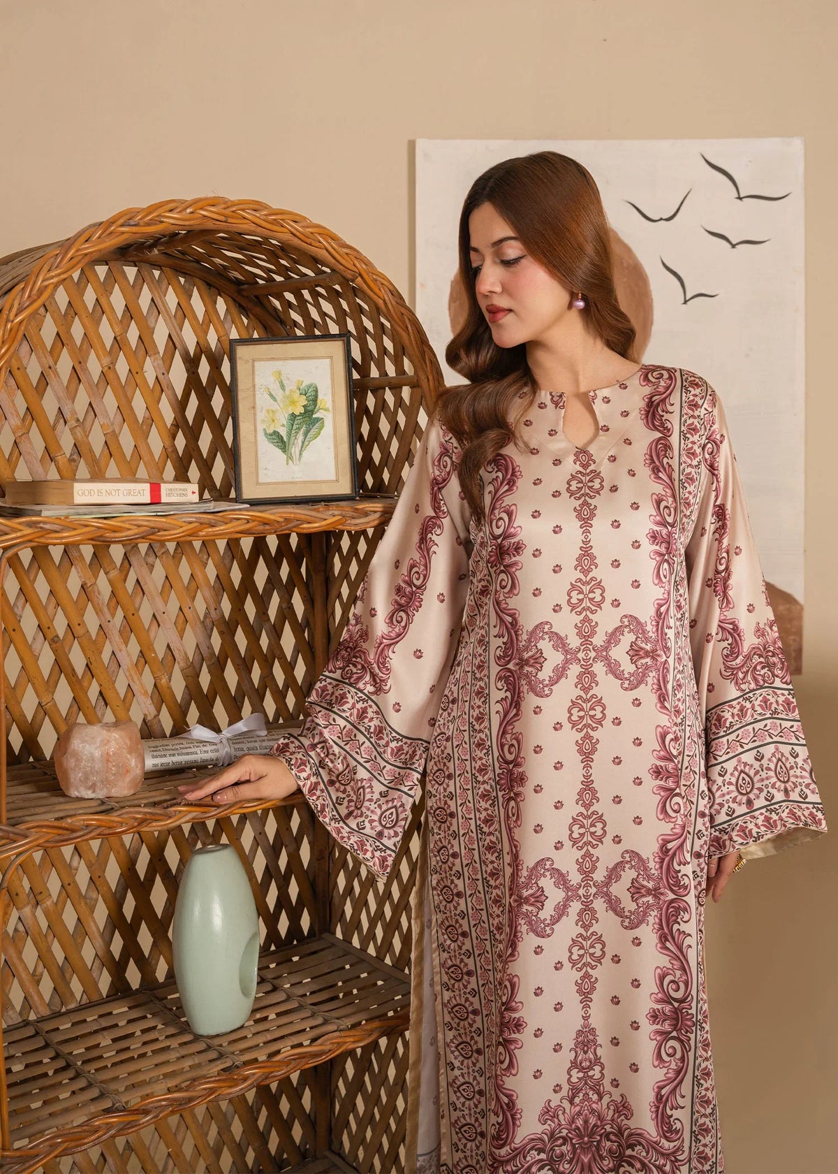 Model wearing beige silk dress pakistani as an elegant outfit, shop printed silk 1PC at Buraqstore