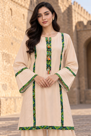 Model wearing beige linen suit design for women 2PC, back view showing the stitched dyed linen fit, available at Buraqstore