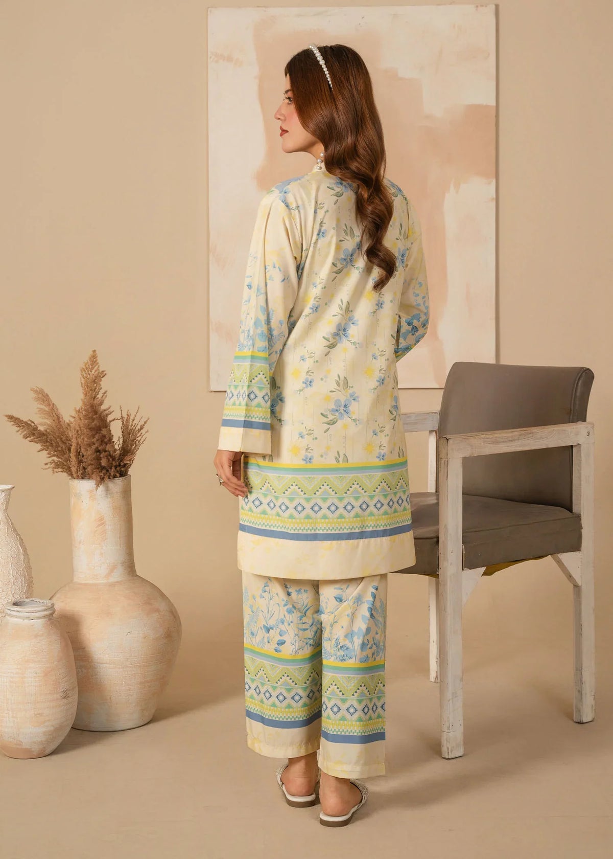 Women wearing beige summer lawn dress design, close-up of the print on the poly lawn shirt, Buraqstore