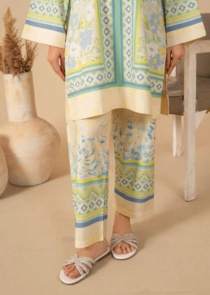 Women wearing beige summer lawn dress design, back view of the printed poly lawn shirt and trouser, Buraqstore