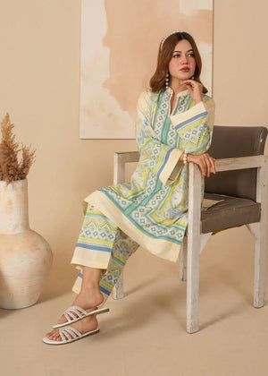 Model wearing beige summer lawn dress design for warm days, shop printed poly lawn 2PC at Buraqstore
