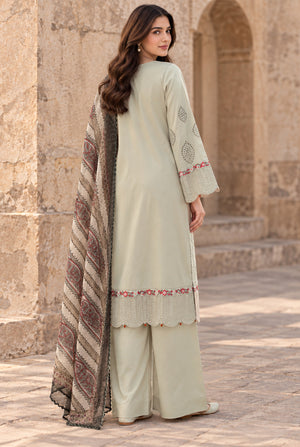 Women wearing beige chicken kari suit price in pakistan set, close-up of the chikankari embroidery on the viscose shirt, Buraqstore