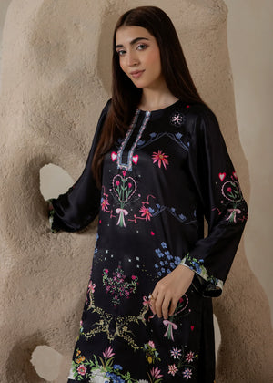 Model wearing black co ord set, side view showing the fall of the charmeuse silk top and bottom, Buraqstore