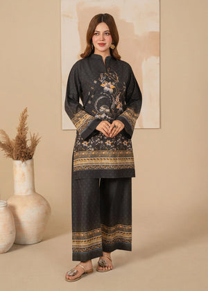 Model wearing black dress design, printed grip 2PC set, front view from Buraqstore