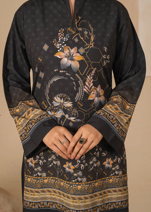 Model wearing black dress design, side view showing the fit of the printed grip 2PC, Buraqstore