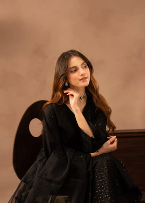 Women wearing black dress pakistani, net dupatta draped over the shoulder, Buraqstore