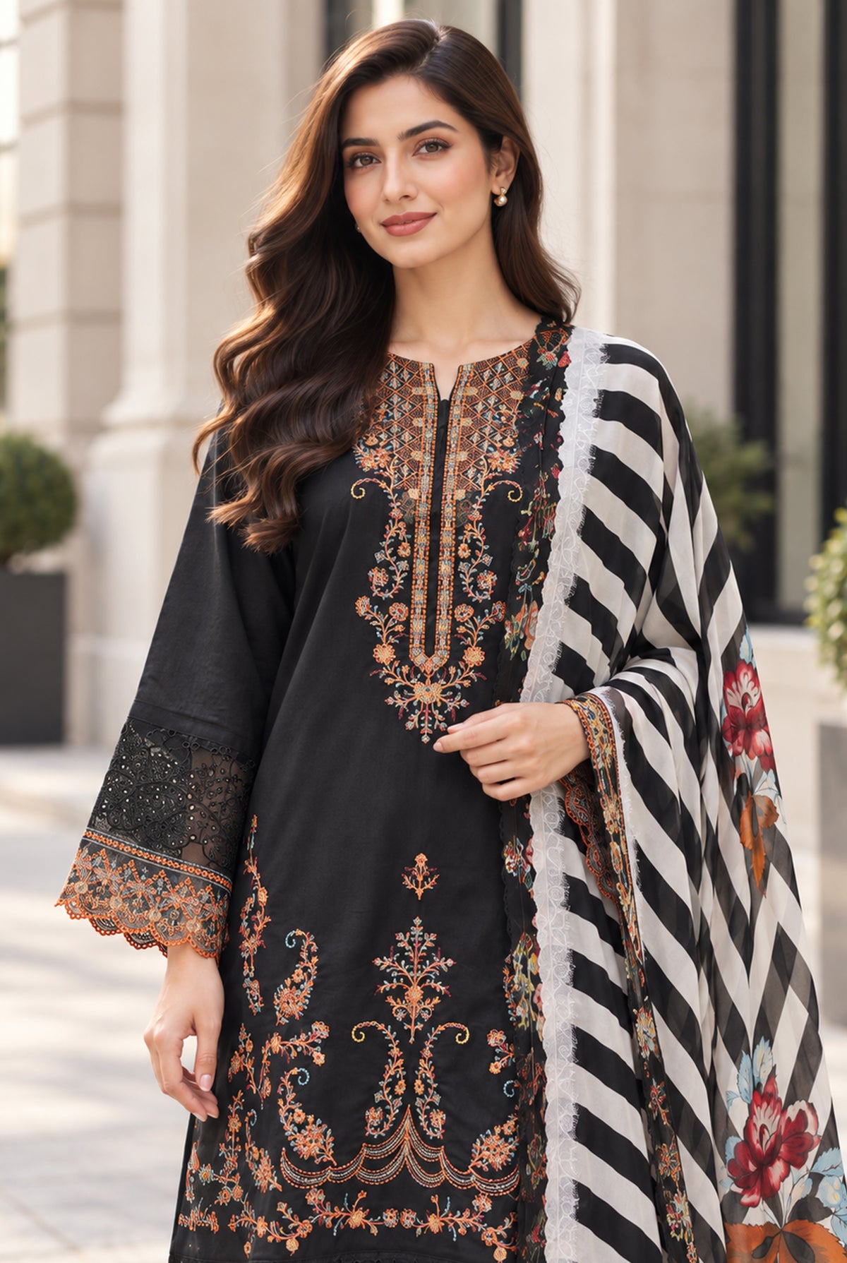 Women wearing black karandi suit with digital printed chiffon dupatta draped over the shoulder, Buraqstore