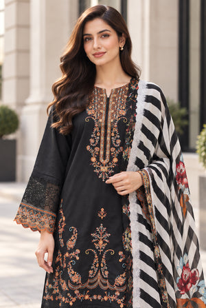 Women wearing black karandi suit with digital printed chiffon dupatta draped over the shoulder, Buraqstore
