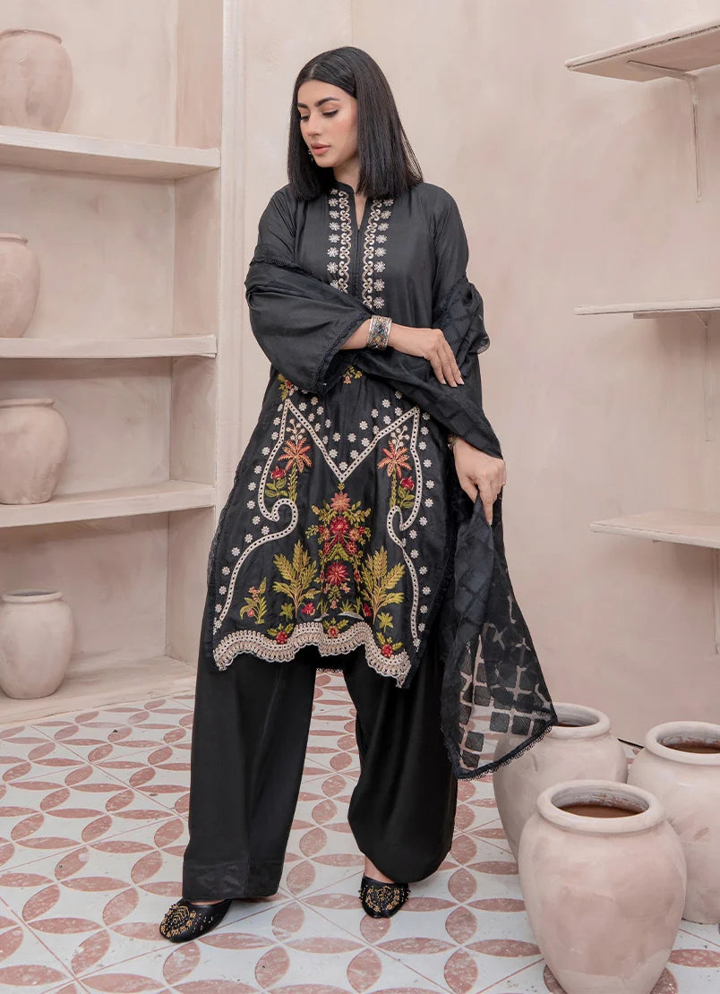 Model wearing black dress pakistani, embroidered raw silk shirt, trouser and dupatta, front view from Buraqstore