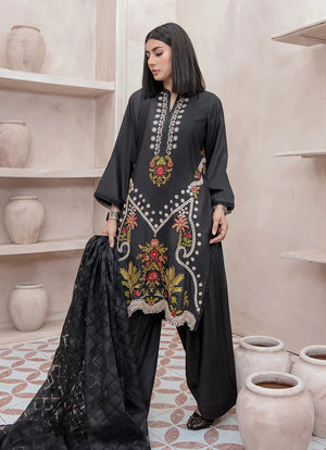 Model wearing black dress pakistani, side view showing the fall of the raw silk 3-piece set, Buraqstore