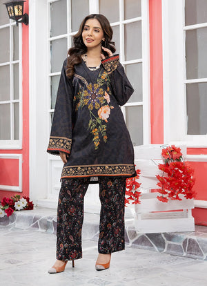 Model wearing black dress pakistan style, a printed lawn shirt and trouser 2PC, front view from Buraqstore