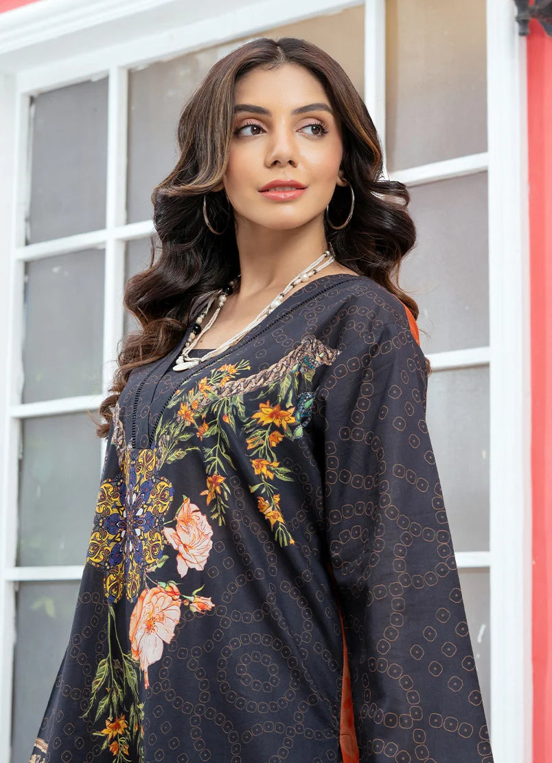 Women wearing black dress pakistan, back view of the printed lawn shirt and trouser, Buraqstore