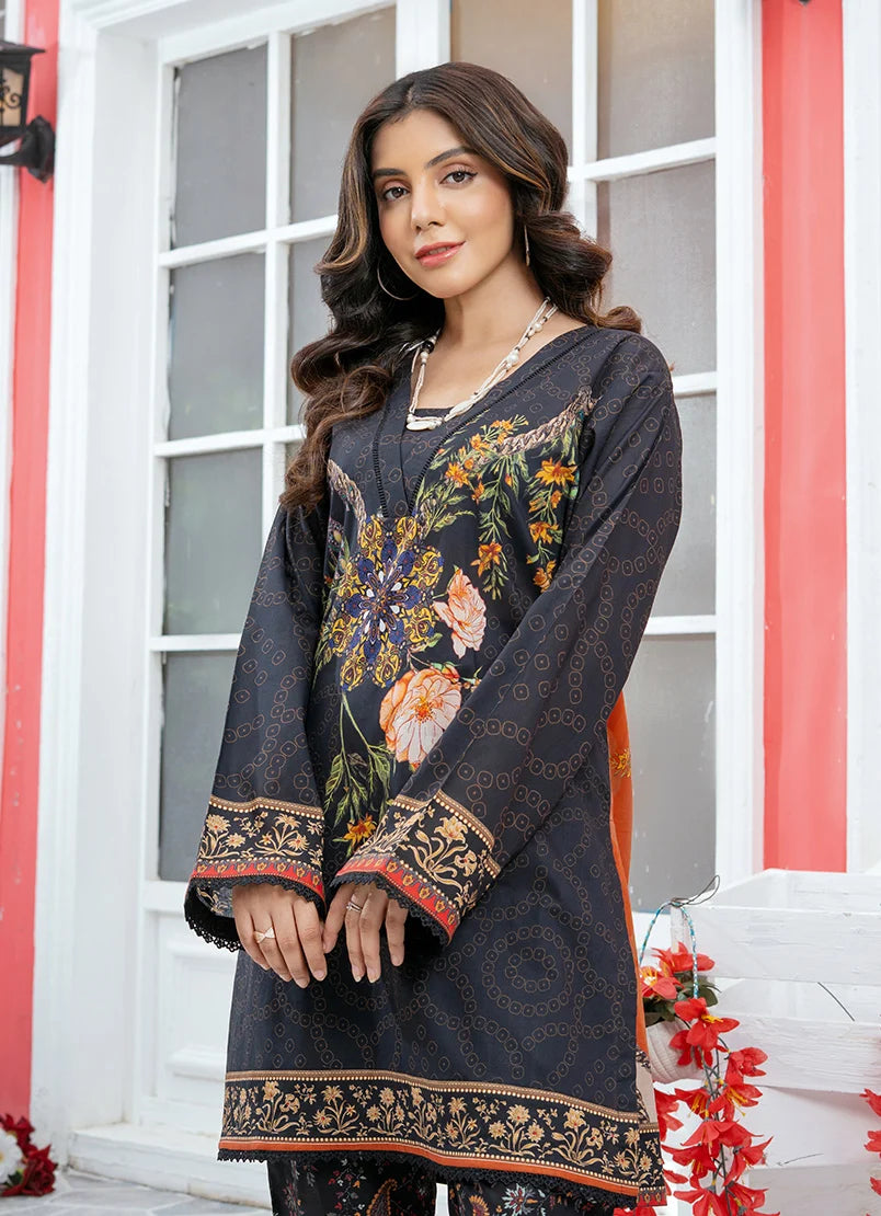 Model wearing black dress pakistan, side view showing the fit of the printed lawn 2PC, Buraqstore