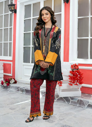 Model wearing black dress for women, a printed lawn shirt and trouser 2PC, front view from Buraqstore