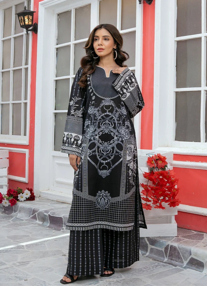 Model wearing black dress online, a printed lawn shirt and trouser 2PC, front view from Buraqstore