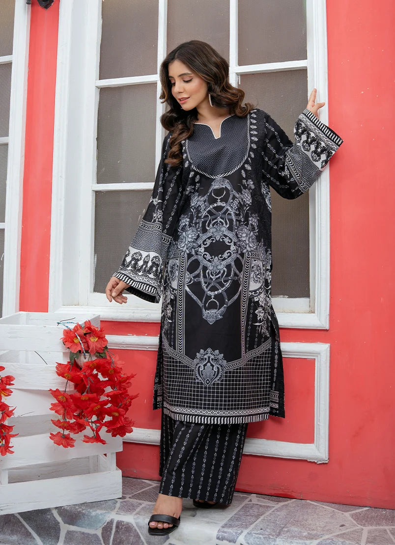 Women wearing black dress online, back view of the printed lawn shirt and trouser, Buraqstore