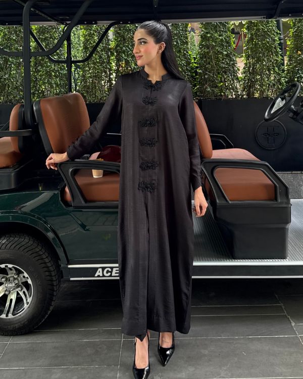 Model wearing black pashmina suit, a pure Irish pashmina shirt and trouser 2PC, front view from Buraqstore