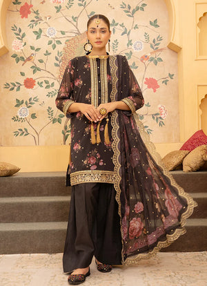 Model wearing black dress design, embroidered and printed silk shirt, trouser and dupatta, front view from Buraqstore