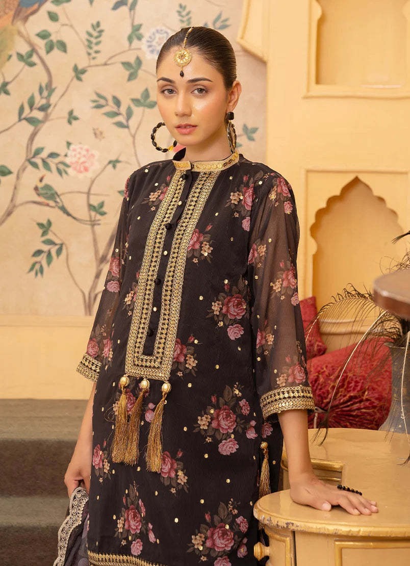 Women wearing black dress design, dupatta with tassel detailing draped over the shoulder, Buraqstore