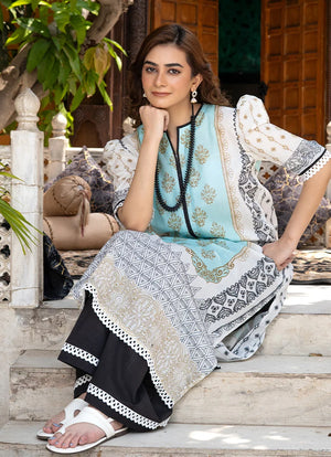 Women wearing black and white dress design, back view of the printed lawn shirt and trouser, Buraqstore