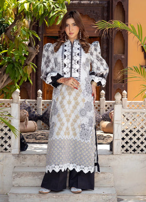 Model wearing black and white dress pakistani, a printed lawn shirt and trouser 2PC, front view from Buraqstore