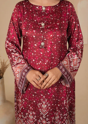 Women wearing blood red dress design, back view of the printed shamooz shirt and trouser, Buraqstore