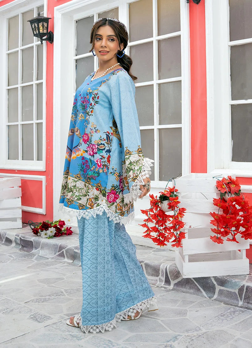 Model wearing blue dress design, a printed lawn shirt and trouser 2PC, front view from Buraqstore