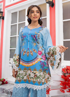 Model wearing blue dress design as a casual outfit, shop the printed lawn 2-piece set at Buraqstore