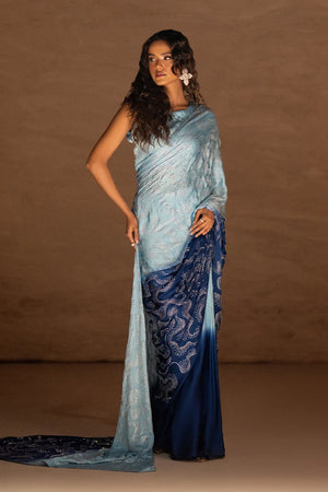 Women wearing blue silk saree price in pakistan set, two-tone pure shamoz silk saree draped, front view from Buraqstore