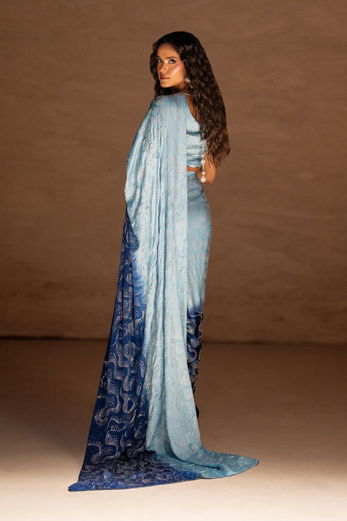 Model wearing blue silk saree price in pakistan set, close-up of the digital print and rhinestone embellishment, Buraqstore