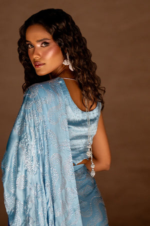 Women wearing blue silk saree price in pakistan set with matching silk blouse, side view of the 2PC at Buraqstore
