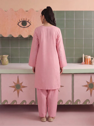 Women wearing blush pink dress, back view of the stitched cambric shirt and matching trouser, Buraqstore