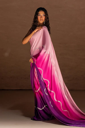 Model wearing ombre silk saree designs pakistani, close-up of the rhinestone border embellishment on the silk saree, Buraqstore