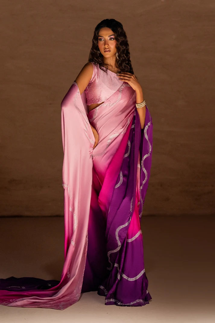 Women wearing ombre silk saree designs pakistani with matching silk blouse, side view of the 2PC set at Buraqstore