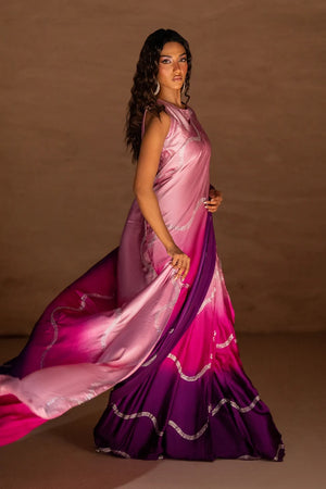 Model wearing ombre silk saree designs pakistani, back view showing the ombre dyeing from blush pink to deep purple, Buraqstore