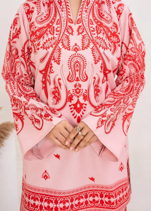 Model wearing blush pink lawn co ord sets, close-up of the print on the poly lawn top and bottom, Buraqstore