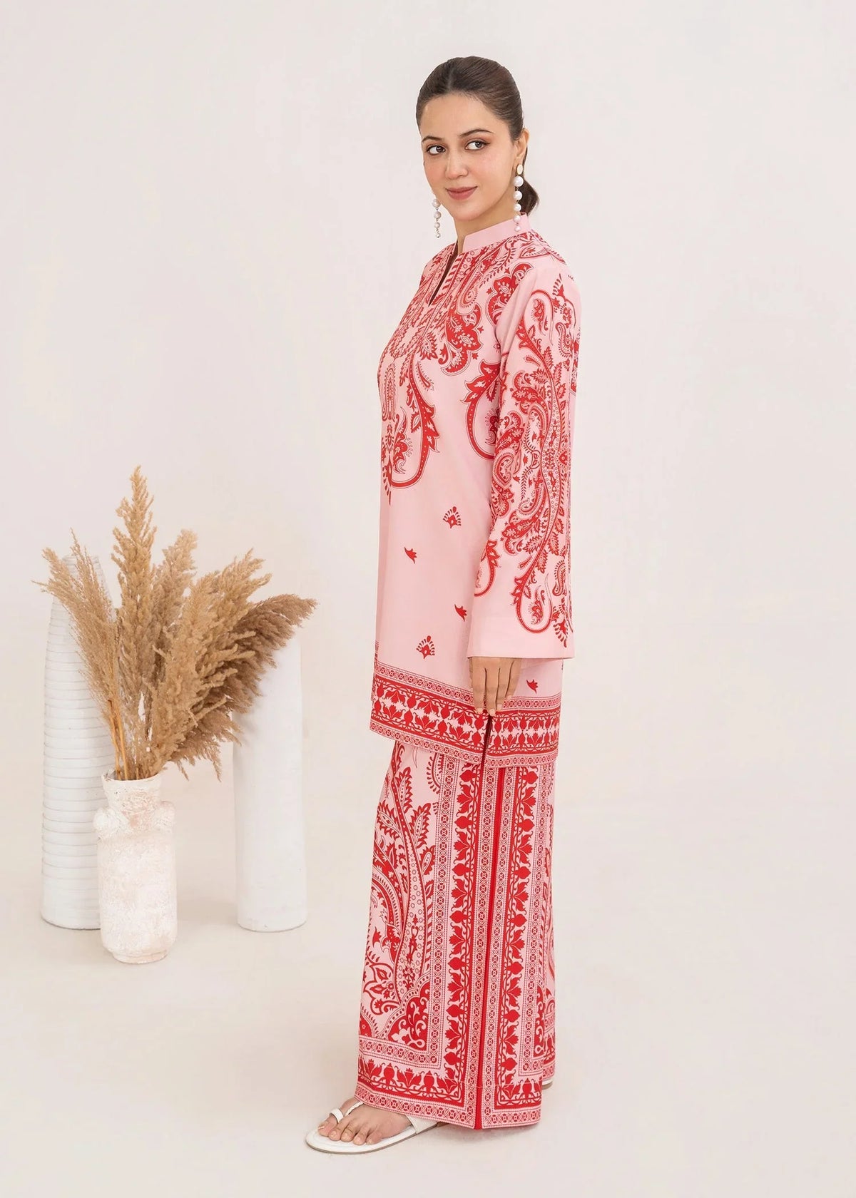 Women wearing blush pink lawn co ord sets as a light casual outfit, shop printed poly lawn 2-piece at Buraqstore