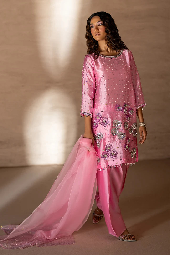 Model wearing blush pink sheesha silk dress design 3PC with handcrafted silver embroidery, front view from Buraqstore