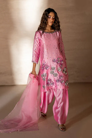 Women wearing blush pink sheesha silk dress design, close-up of silver embroidery and rhinestone embellishment, Buraqstore