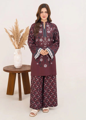 Model wearing brown printed co ord set, 2-piece grip fabric set, front view from Buraqstore