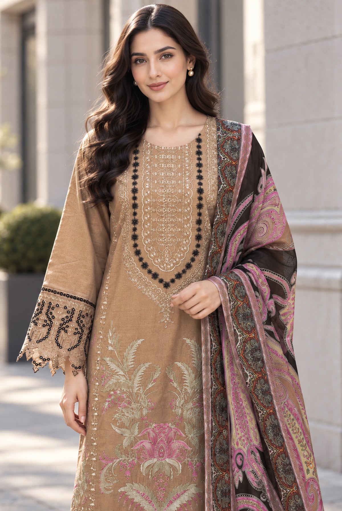 Women wearing brown karandi collection with digital printed chiffon dupatta draped over the shoulder, Buraqstore