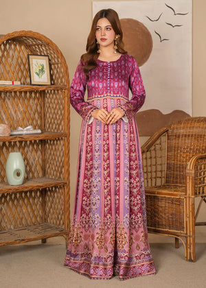 Model wearing cherry red colour dress, printed viscose 1PC, front view from Buraqstore