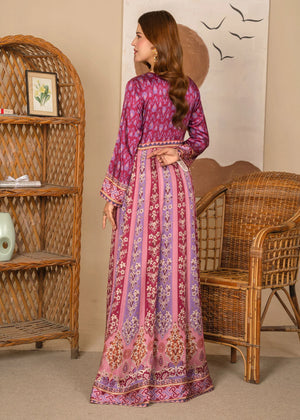 Women wearing cherry red colour dress, close-up of the print on the viscose fabric, Buraqstore