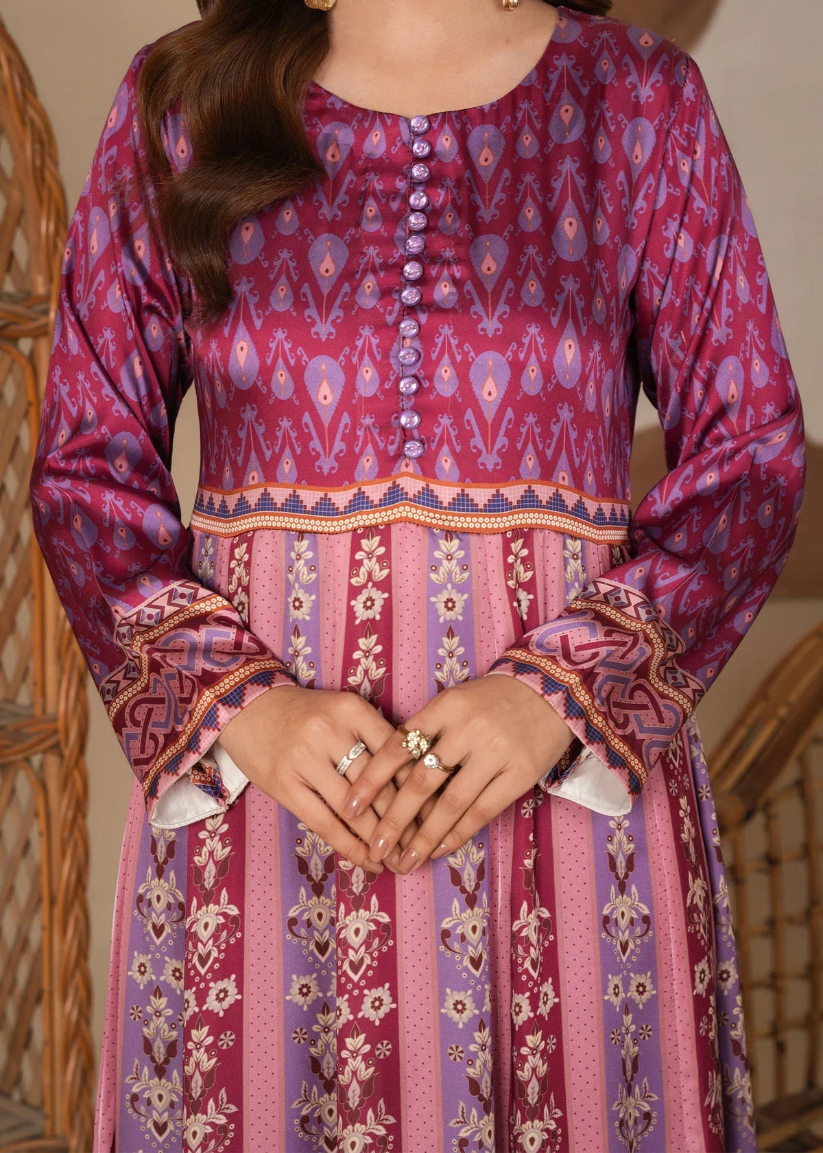 Model wearing cherry red colour dress, side view showing the soft drape of the printed viscose 1PC, Buraqstore