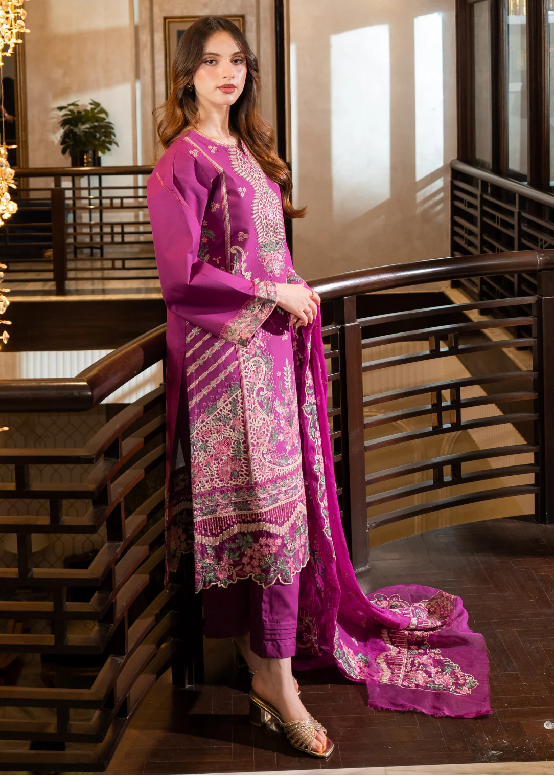 Buraqstore pink purple chikankari lawn dress 3 piece set