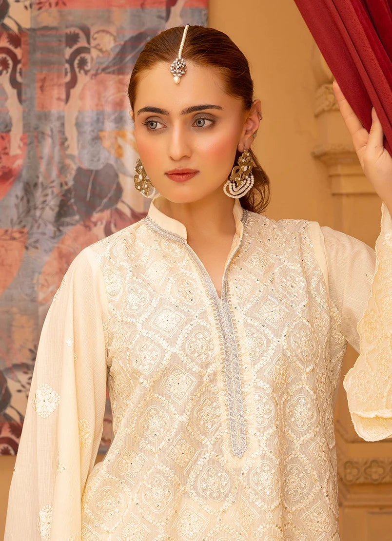 Women wearing cream color dress, back view of the embroidered bana dora shirt and bottom, Buraqstore