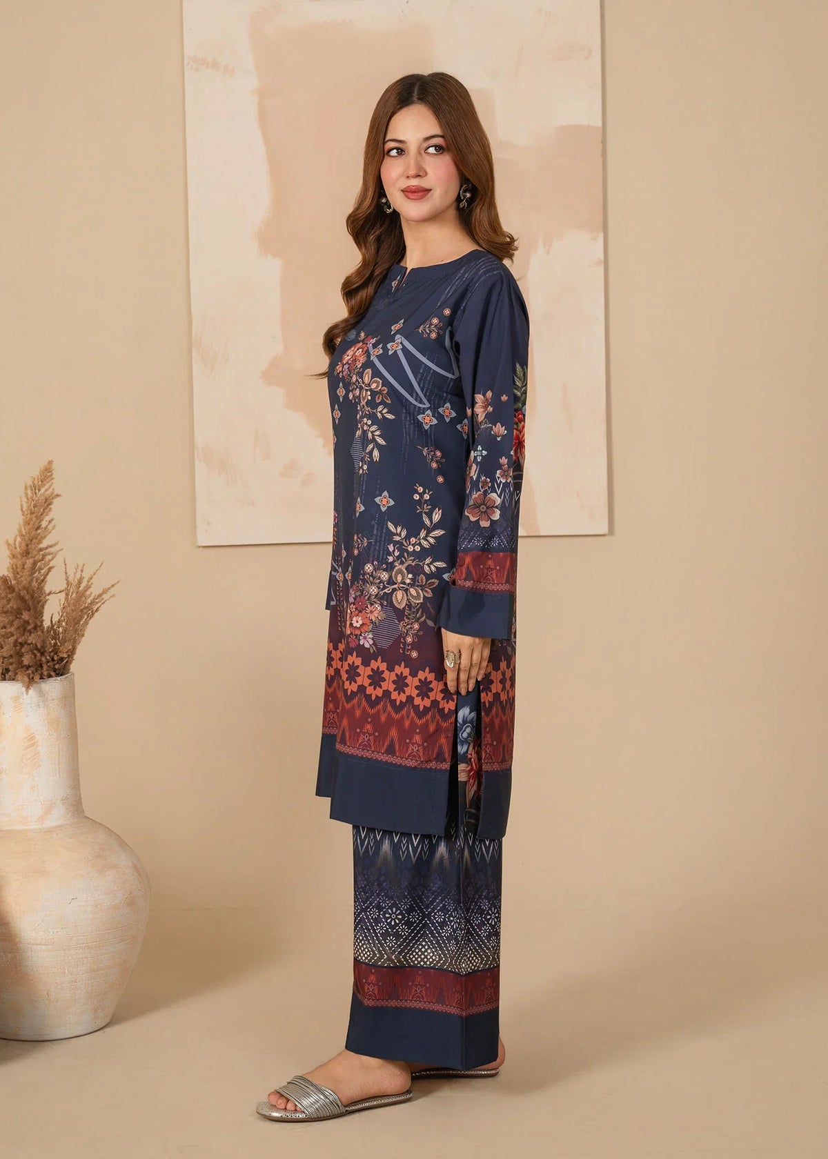 Model wearing dark blue color dress as a casual outfit, shop printed poly lawn 2PC at Buraqstore